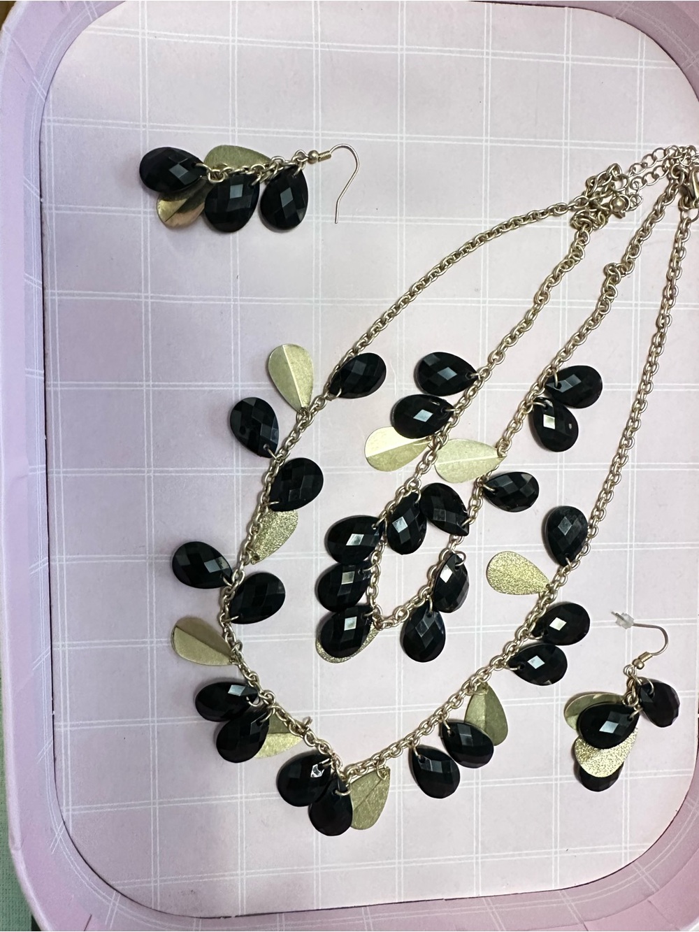Gold Chain Necklace and Earring Set with Black Faceted Teardrops